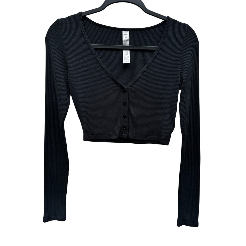 Alo Yoga Cropped Whisper Ribbed Long Sleeve V-Neck Button Cardigan Small